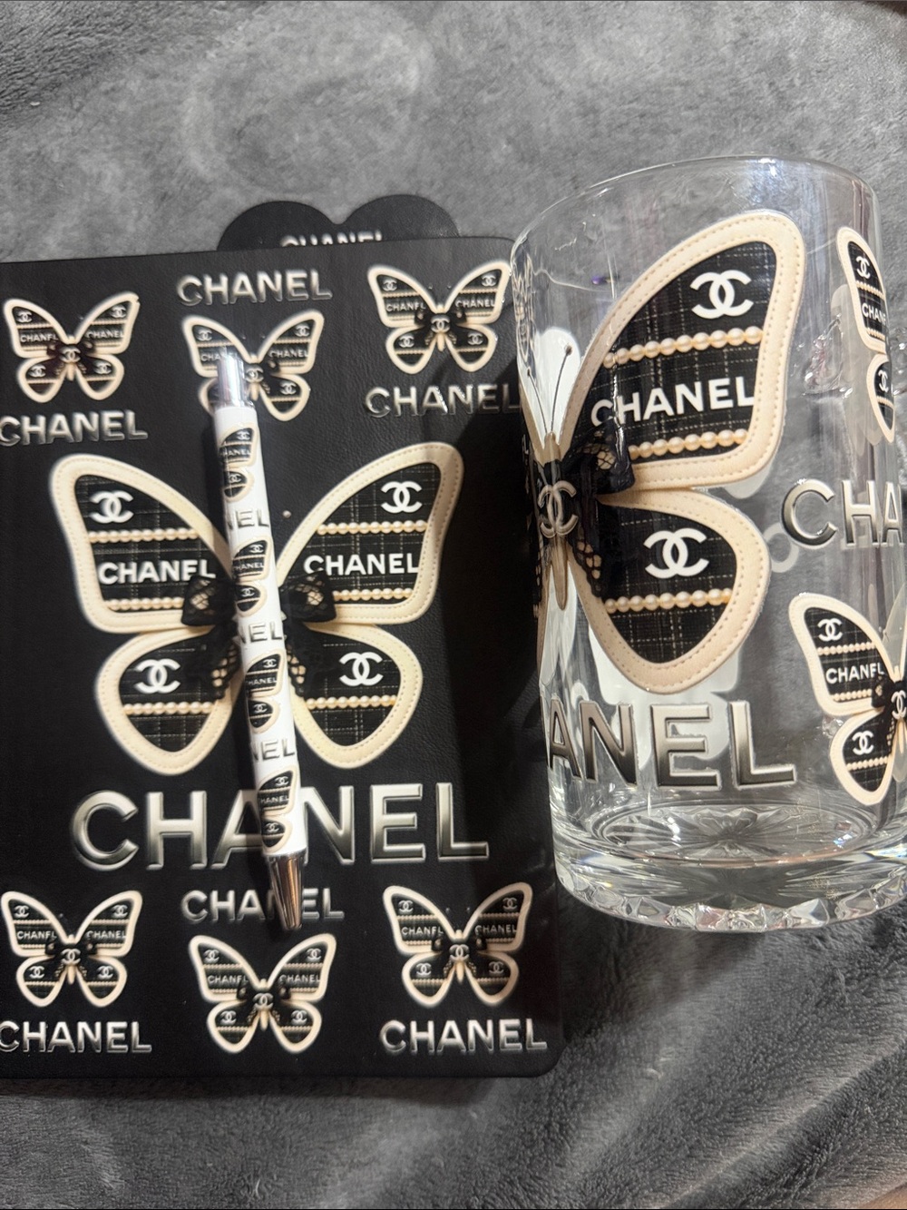 Black & Cream Butterfly A5 Journal, Glass Mug and Matching Pen Set.